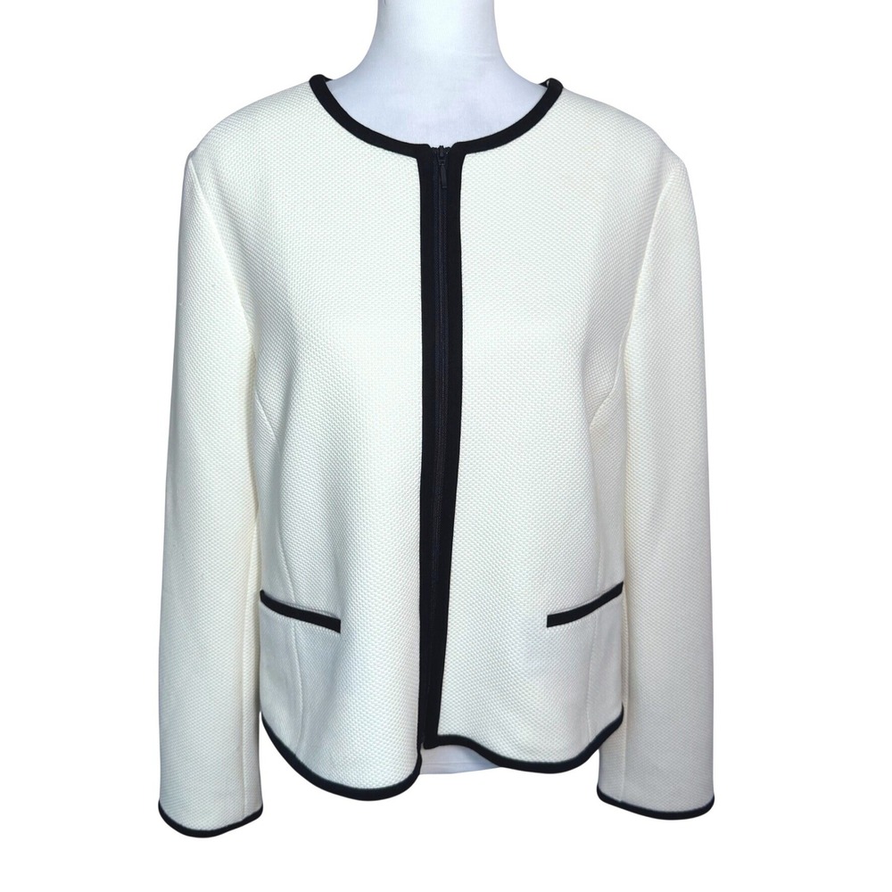 TALBOTS NWT Women's 14 Ivory Black Trim Textured Zip Front Blazer Jacket Pockets